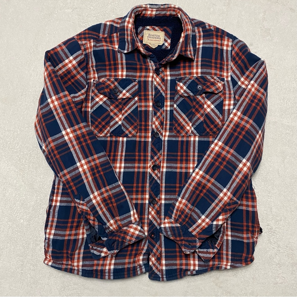 Boston Traders Shacket Mens Flannel Shirt L Orange Plaid Fleece Lined Button Up